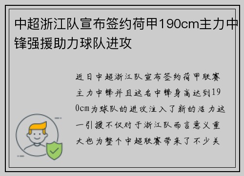 中超浙江队宣布签约荷甲190cm主力中锋强援助力球队进攻