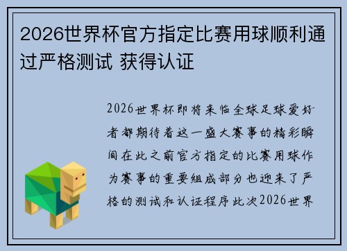 2026世界杯官方指定比赛用球顺利通过严格测试 获得认证